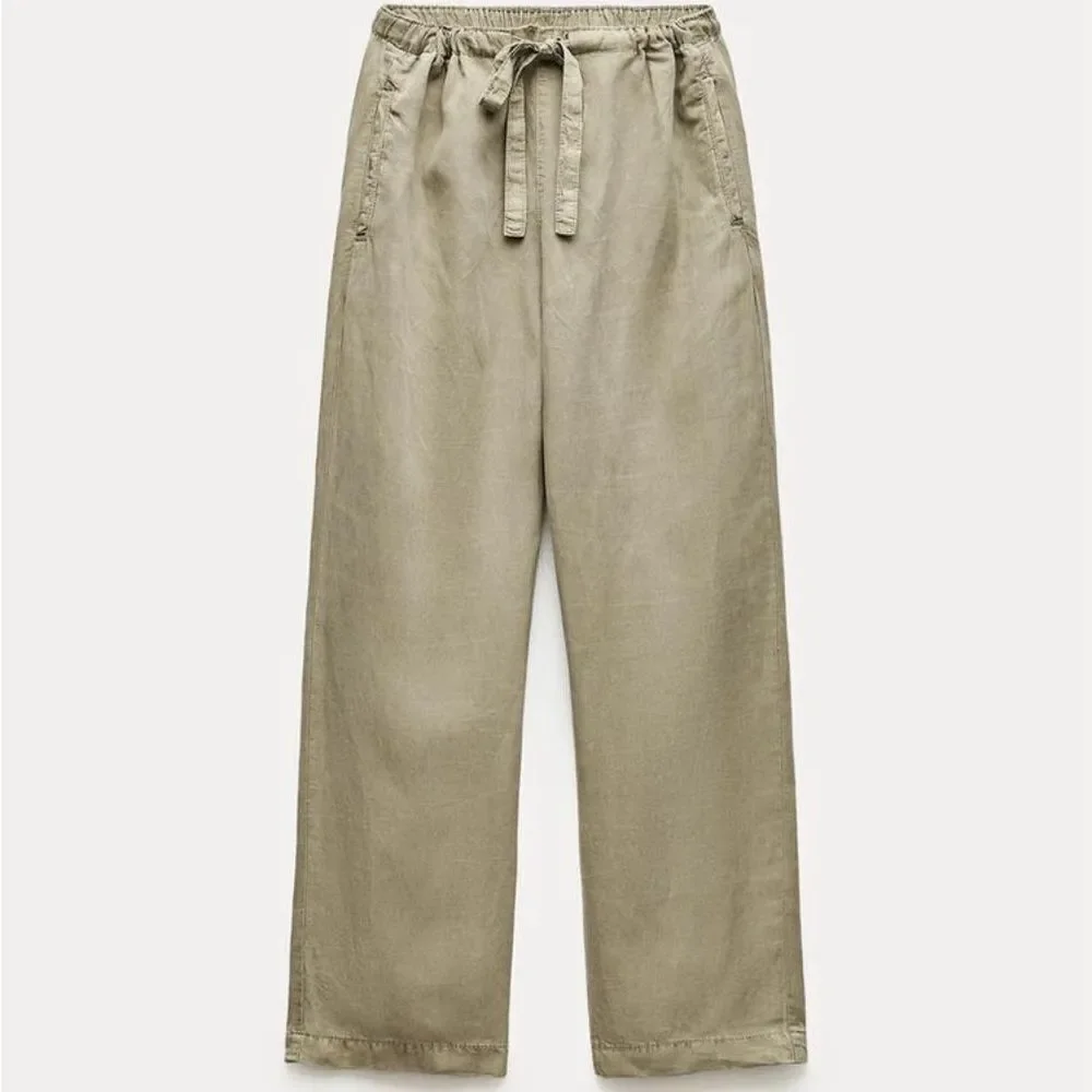 NWT ZARA ZW COLLECTION PAJAMA PANTS LIGHT KHAKI GREEN SMALL